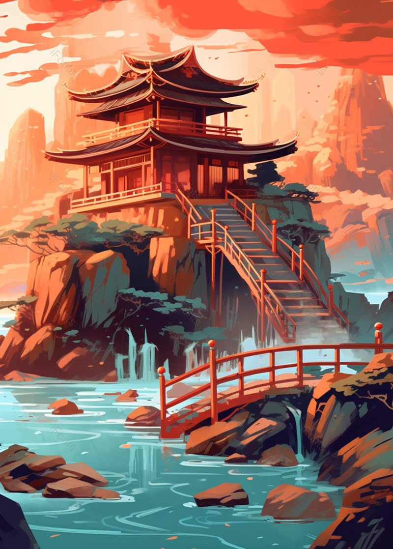 红色夕阳国潮古风建筑插画,插画/手绘图,插画/手绘图库,插画/手绘图下载,插画/手绘